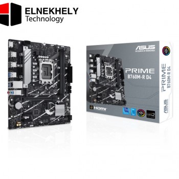 ASUS PRIME B760M-R D4, an Intel B760 LGA 1700 micro-ATX motherboard with PCIe 4.0, two PCIe 4.0 M.2 slots, DDR4, Realtek 2.5Gb Ethernet, HDMI™, SATA 6 Gbps, front USB 5Gbps ports, Aura Sync