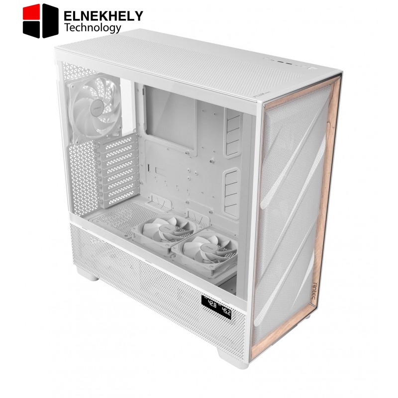 Antec Flux Pro White, 6 x PWM Fans Included, High-Airflow Front Panel with Birch Wood, iShift PSU 90° Mount, USB3.0 x 2, Type-C, 420mm Radiator Support, Temp. Display, Full-Tower E-ATX PC Case