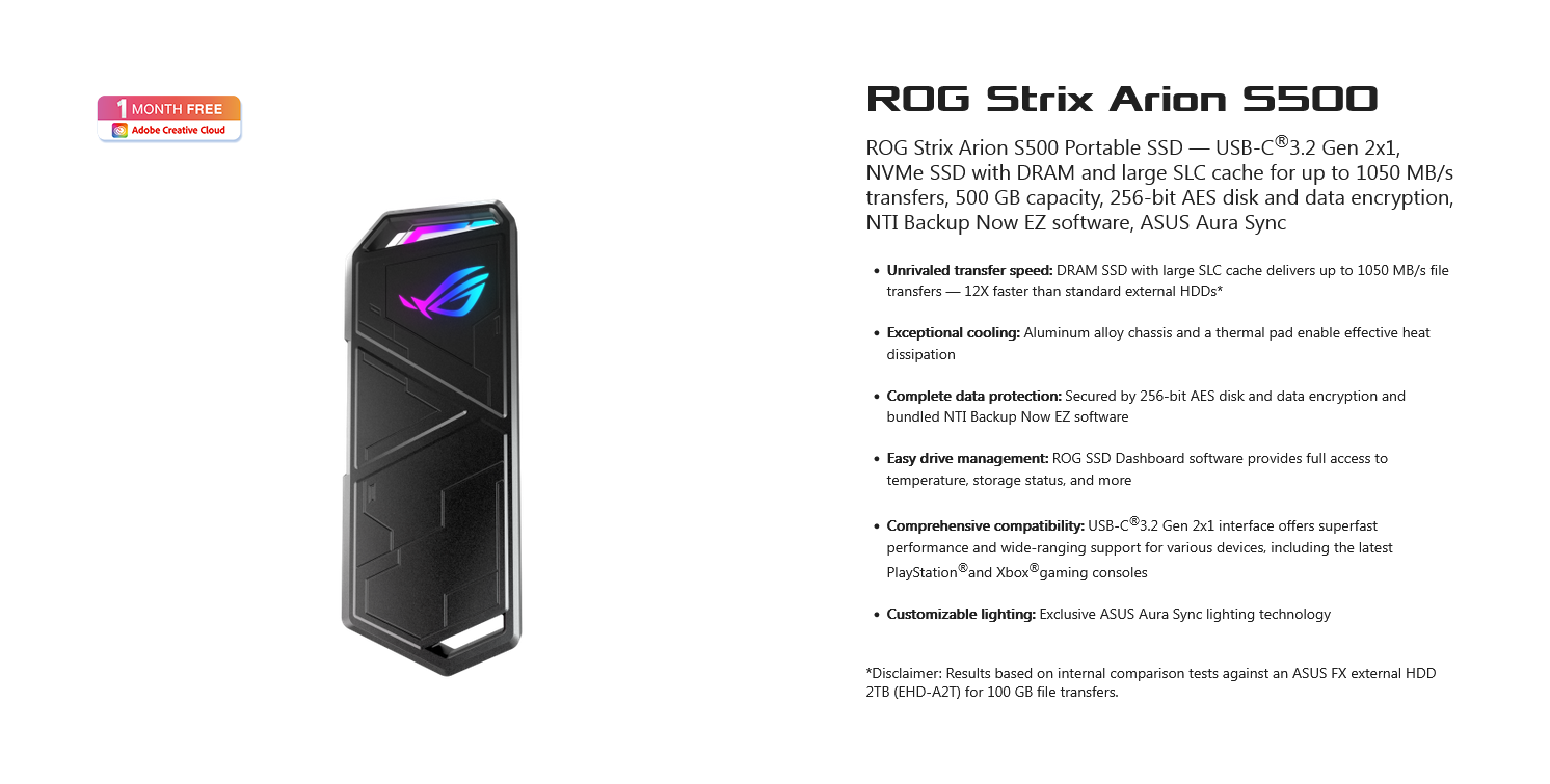 SSD externe portable NVMe 500Go ASUS ROG STRIX ARION S500 (USB-C 3.2 Gén.  2, NVMe SSD DRAM) –