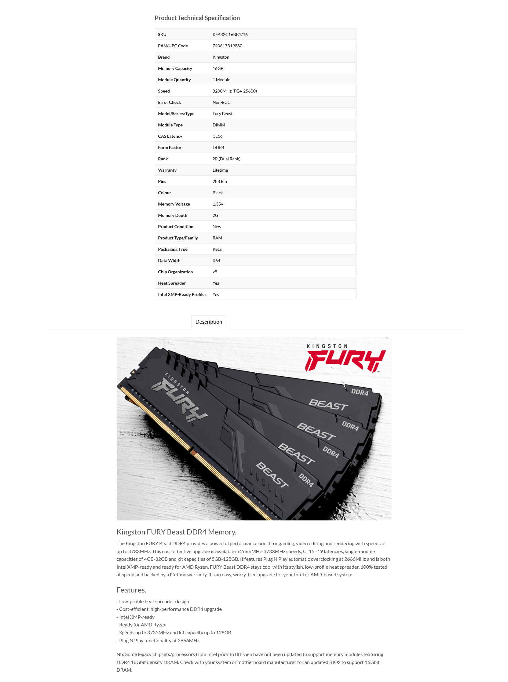 Kingston Fury Beast DDR4 16GB 3200MHz Cl16 Gaming Memory - KF432C16BB1/16